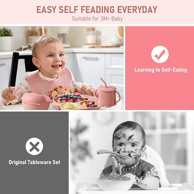 Baby Weaning Set - Silicone Toddler Feeding Set (10 Pcs) with Adjustable Bib, Suction Bowl, Plate, Fork, Spoon, Water & Snack Cup Kit - Baby Led Weaning Kit