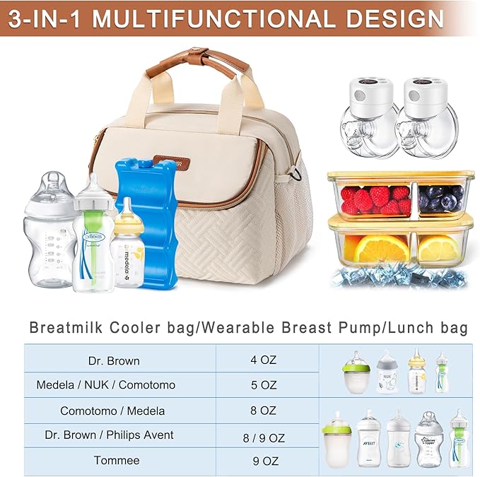 Breastmilk Cooler Bag with Ice Pack Fits 6 Baby Bottles up to 9 Ounce, Wearable Breast Pumps Cooler Bag for Nursing Mom Daycare, Work, Travel- Cream