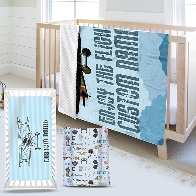 Personalized Baby Crib Bedding Set, Custom Name Blue Glider Theme Nursery Bedding Set 3 Pcs, Baby Blanket Fitted Crib Sheet Changing Pad Cover, Personalized Nursery Decor Gift for Newborns Boys