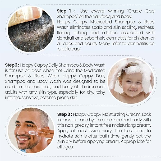 Happy Cappy Baby Shampoo and Body Wash and Moisturizing Cream Bundle - Eczema Body Wash and Lotion for Kids, Toddler, Adults, Helps with Dryness, Reduces Itching, Dermatologist Tested, Fragrance-Free