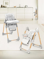 Foldable High Chair with Soft Cushion, High Chairs for Babies and Toddlers, Height Adjustable Feeding Chair, Adjustable Backrest and Footrest, Lockable Wheels, Woodgrain Star Gray