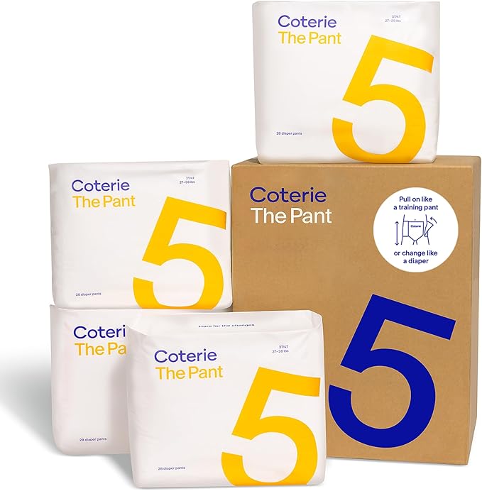 Coterie The Pant, Size 5, Refastenable Training Pants for Sensitive Skin, Hypoallergenic, Super Absorbent Overnight Leak Protection, 3T/4T (27-38 lbs) 112 Count