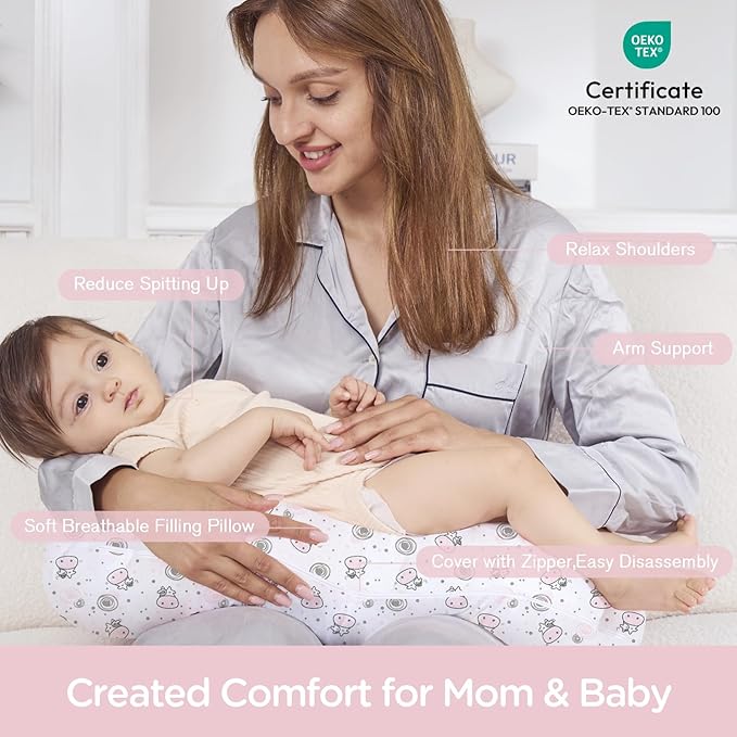 Nursing Pillow, Breast Feeding Pillows for Mom, Pink Calf Soft Cover with Breathable Filling, Feeding Support Pillow for 0-12 Months, Multifunctional Support Cushion for Travel (Cute Calf)