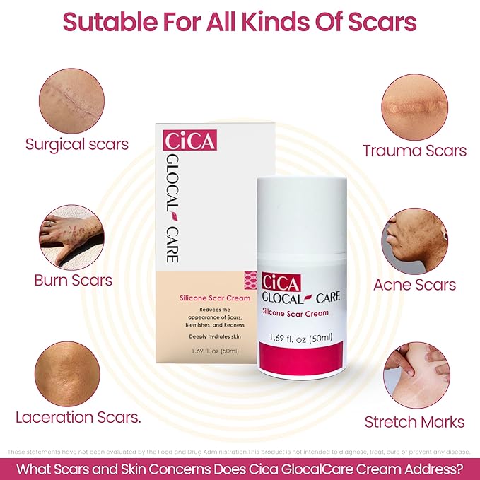CICA Silicone Scar Cream – New & Old Scar, Stretch Marks & PIH Appearance Improvement - Medical-Grade Silicone with TECA, PASSIOLINE, Hyaluronic Acid & Panthenol - Supports Wound Healing - 50 ml