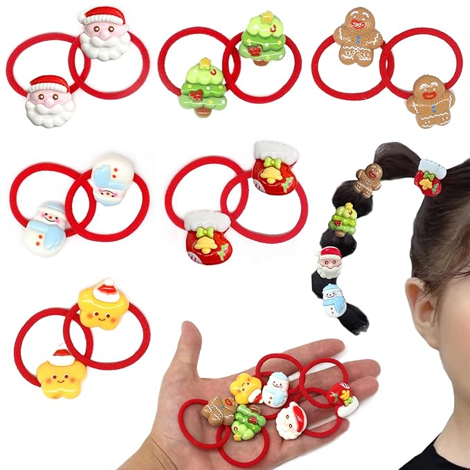 12Pcs Cute Red Hair Ties Toddler Christmas Hair Accessories, Cartoon Small Elastic No Damage for Baby Little Girls Kids Ponytail Holders New Year Holiday Hair Bands, Stocking Stuffers Gift, BlueZOO
