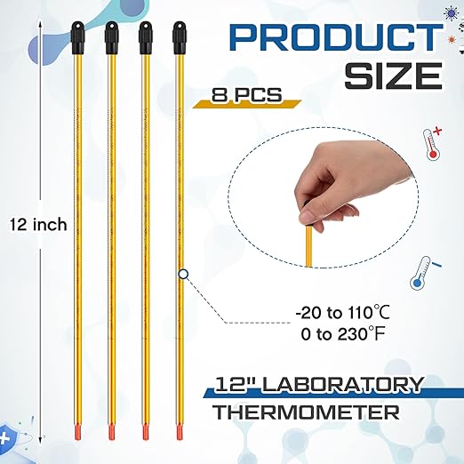 8 Pcs General Purpose Lab Thermometer 12 Inch Laboratory Liquid in Glass Thermometer Total Immersion -20 to 110℃/ 0 to 230℉ Dual Scale for Science University Food and Beverage Processing