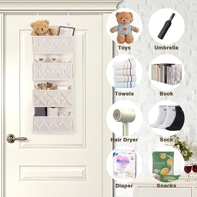 ANTIS'S HOME Nursery Over The Door Organizer Boho Decor Nursery Storage with 4 Large Woven Pockets, Macrame Nursery Organizers and Toys Storage, Behind Door for Bathroom, Bedroom