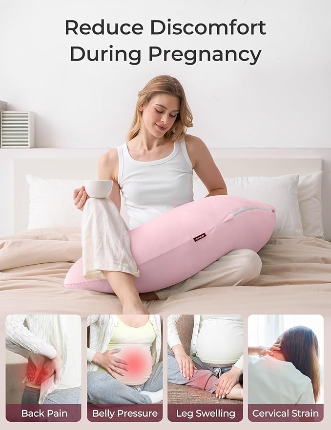 Momcozy Body Pillow for Pregnancy, J Shaped Pregnancy Pillows for Side Sleeping, Soft Maternity Pillow with Jersey Cotton Cover for Head Neck Belly Support, Pink
