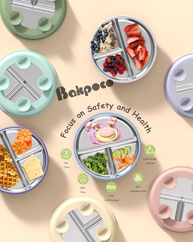 Stainless Steel Baby Plate with Suction, 8” Divided Toddler Plates with Removable Silicone Sleeves for Kids, Non-Toxic Non-Slip Unbreakable Dishwasher Safe Dinnerware Set of 2, Pink & Lilac