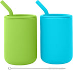 WeeSprout Silicone Baby Cups With Straws and Lids, 4 & 8 oz Options, Set of 2, Food Grade Toddler Training Container, Built In Straw Stoppers, Measurement Markings, Dishwasher Safe + Straw Cleaner