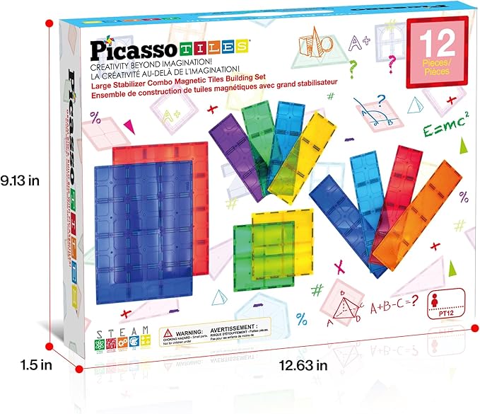 PicassoTiles 12pc Supersized Magnetic Building Tile Base Plate Jumbo XL Foundation Stabilizer Boards STEM Engineering Construction Kit for Kids Educational Learning Toy Magnet Blocks Stacking Set PT12