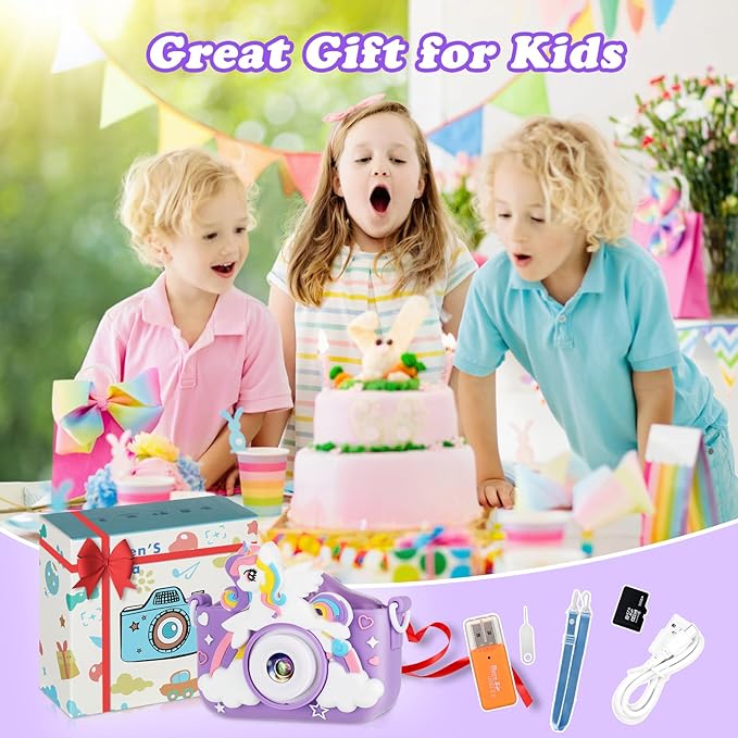 Kids Camera,HD Digital Video Camera with Protective Cover,Childrens Toys for 3 4 5 6 7 8 9 Year Old Boys/Girls,Selfie Camera for Kids,Christmas Birthday Gifts with 32GB SD Card (Unicorn Purple)