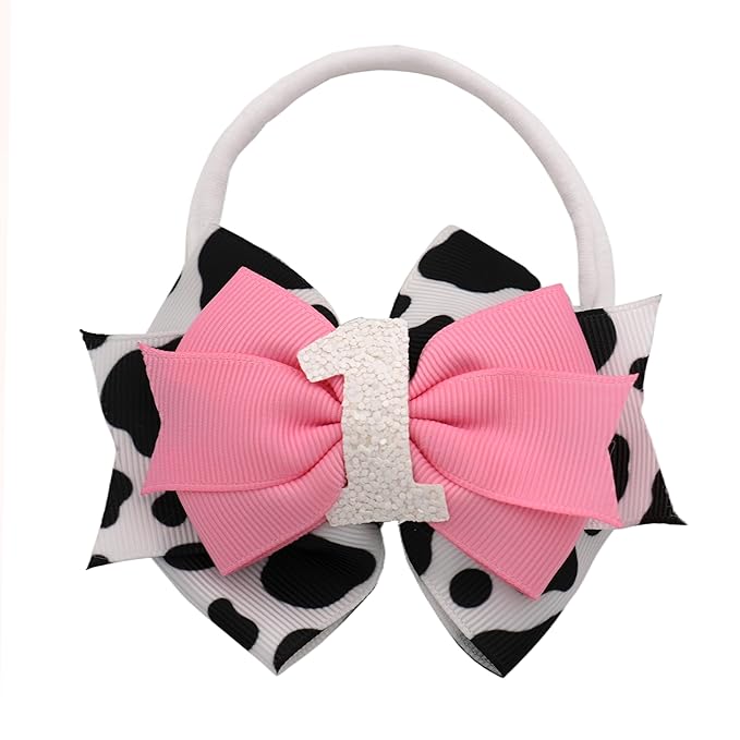 Birthday Hair Bow for Baby Girls 1 2 3 4 5 6 Years Sprinkle Decorations Party Hair Accessories Headband for First 1st Birthday Cow Print Cowgirl