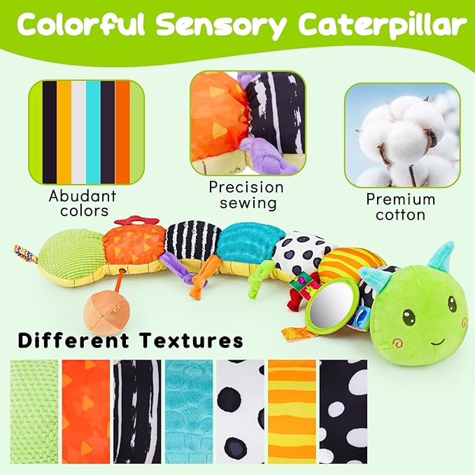 Baby Sensory Toy 0-6 Month Music Animal Stuffed Plush Caterpillar Toy for Infant 0-3-6 Month Tummy Time with Baby Mirror Crinkle Rattle for 6-12 Month Carseat Toys for Newborn Boys Girls Shower 1