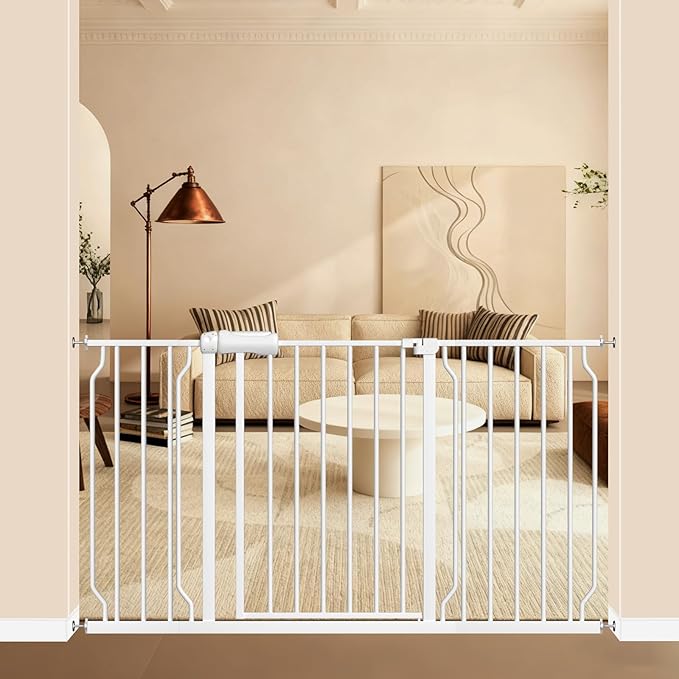 ALLAIBB Extra Wide Pressure Mount Baby Gate Auto Close White Metal Child Dog Pet Safety Gates with Walk Through for Stairs,Doorways,Kitchen and Living Room(52.76-57.48"/134-146cm)