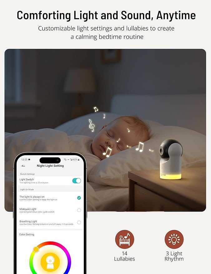 PARIS RHÔNE 2K Split-Screen Baby Monitor, 5” Smart Video Baby Monitor with 2 Cameras, Dual WiFi Cameras with App Control, Night Vision, Motion & Cry Alerts, Auto Tracking, RGB Night Light, Lullabies