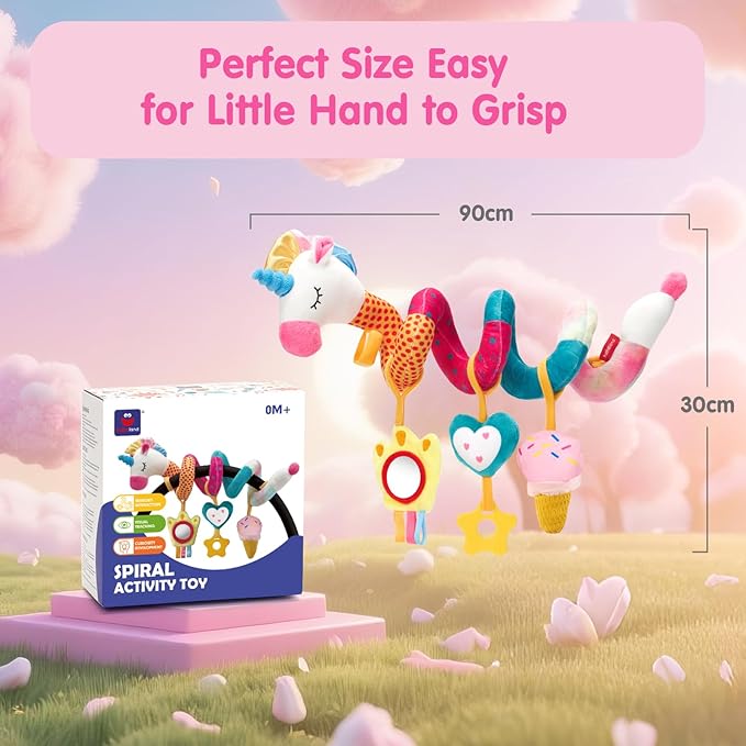 hahaland Car Seat Toys for Babies 0-6 Months Girl - Baby Toys 3-6 Months - Rattle, Mirror, Crinkle, Squeaky Carseat Stroller Toy 0-6 Months Developmental Newborn Baby Girl Birthday Gifts