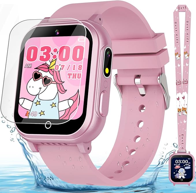 Kids Smart Watch Gift for Girls Ages 3-12, IP67 Waterproof, 32 Puzzle Games, HD Touchscreen Dual Camera Vedio Pedometer Music Player, Kids Watch Toy Birthday Gifts for Girls Ages 5 6 7 8 9 10 (Pink)