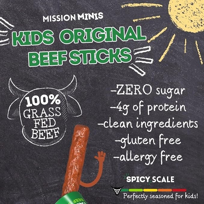 Mission Meats Kids Beef Sticks, 100% Grass Fed, Healthy Snacks for Kids, Zero Sugar, 9g Protein per Serving, Gluten & Nut Free, Individually Wrapped, Mini 0.5oz (24ct Bag)