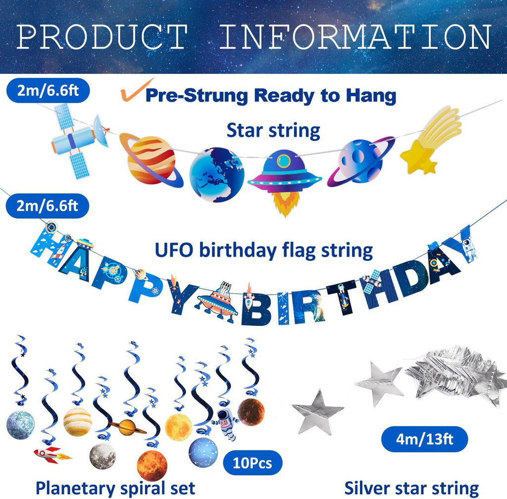 Pre-strung Birthday Party Decorations Outer Space themed Set, with 2 Banners, 10 Solar System Planet Swirl Streamers, Hanging Dazzling Star Garlands for Kids Teens Party Decoration Gifts