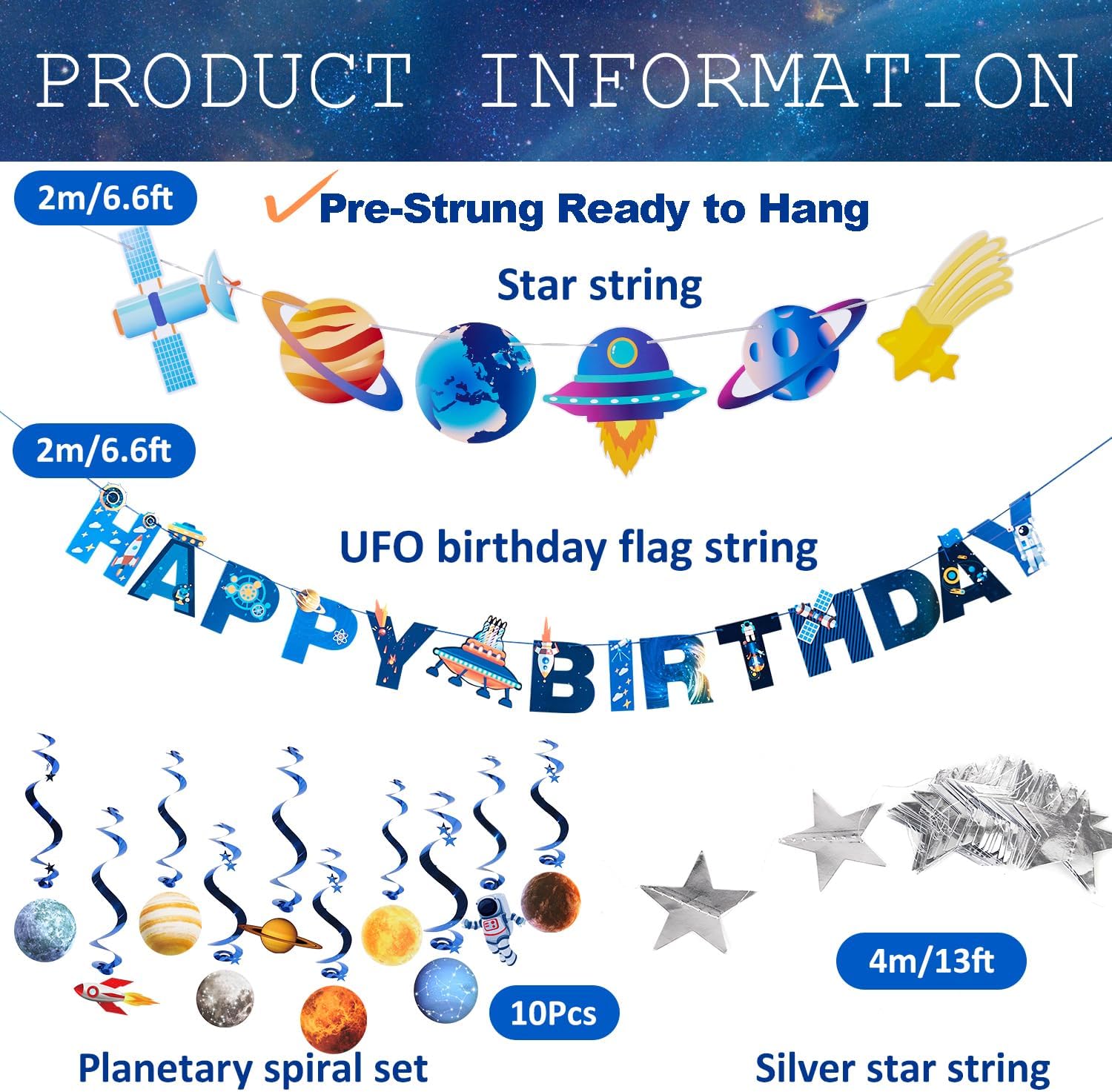 Pre-strung Birthday Party Decorations Outer Space themed Set, with 2 Banners, 10 Solar System Planet Swirl Streamers, Hanging Dazzling Star Garlands for Kids Teens Party Decoration Gifts