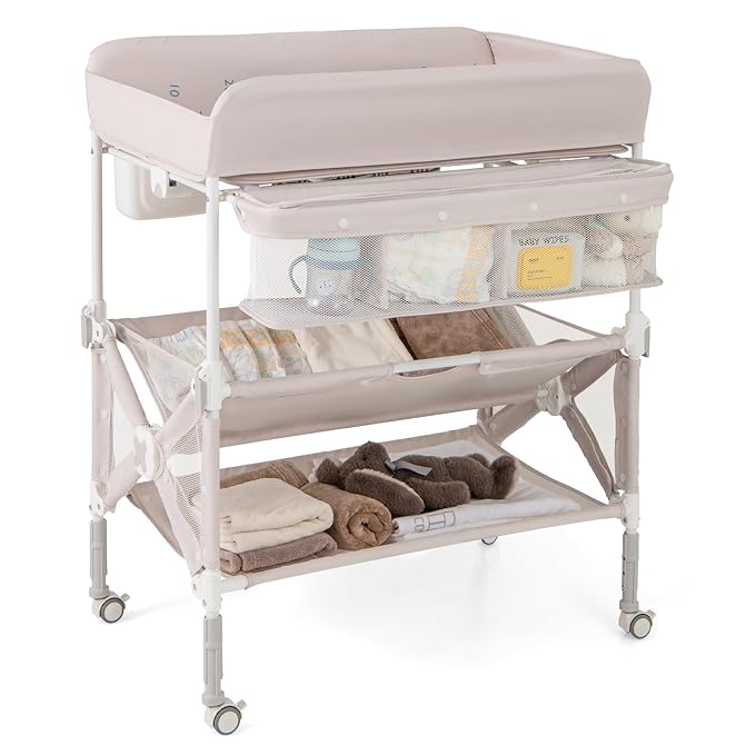 BABY JOY Portable Baby Changing Table, Foldable Waterproof Diaper Changing Station w/Wheels, Adjustable Height, Storage Basket, Shelves & Trash Bin, Mobile Nursery Organizer for Newborn Infant, Beige