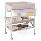 BABY JOY Portable Baby Changing Table, Foldable Waterproof Diaper Changing Station w/Wheels, Adjustable Height, Storage Basket, Shelves & Trash Bin, Mobile Nursery Organizer for Newborn Infant, Beige