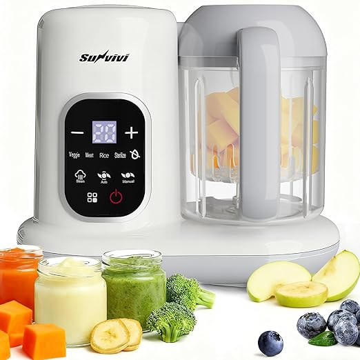All-in-one Baby Food Maker: Baby Food Processor Blender Combo with Self Clean & LCD Display, Baby Food Puree Maker with Steam, Heating & Stirring, White Steamer Container Grinder