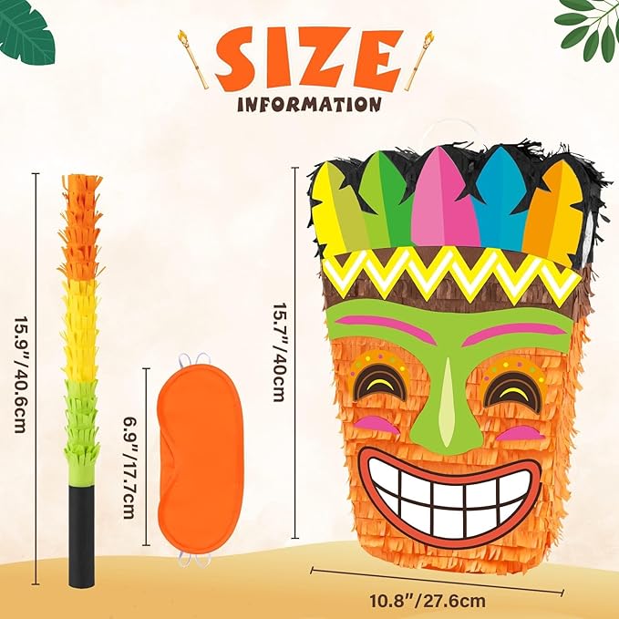 WERNNSAI Tiki Piñata -Tropical Hawaii Piñata with Blindfold and Bat for Girls Boys Kids Piñata Hawaiian Luau Themed Party Decorations for Summer Birthday Party Supplies Carnivals Festivals Celebration