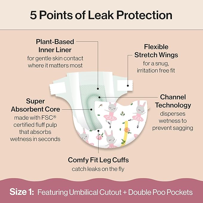 The Honest Company Clean Conscious Diapers for Delicate Skin | Up to 100% Leakproof | Hypoallergenic, Fragrance Free | Girl Prints | Club Box, Size 1 (8-14 lbs), 78 Count (Prints May Vary)