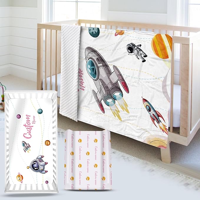 Personalized Baby Crib Bedding Set - Colorful Rockets Theme Nursery Bedding Sets 3 Piece with Custom Name Blanket, Fitted Crib Sheet & Changing Pad Cover – Ideal Newborn Gift for Girls