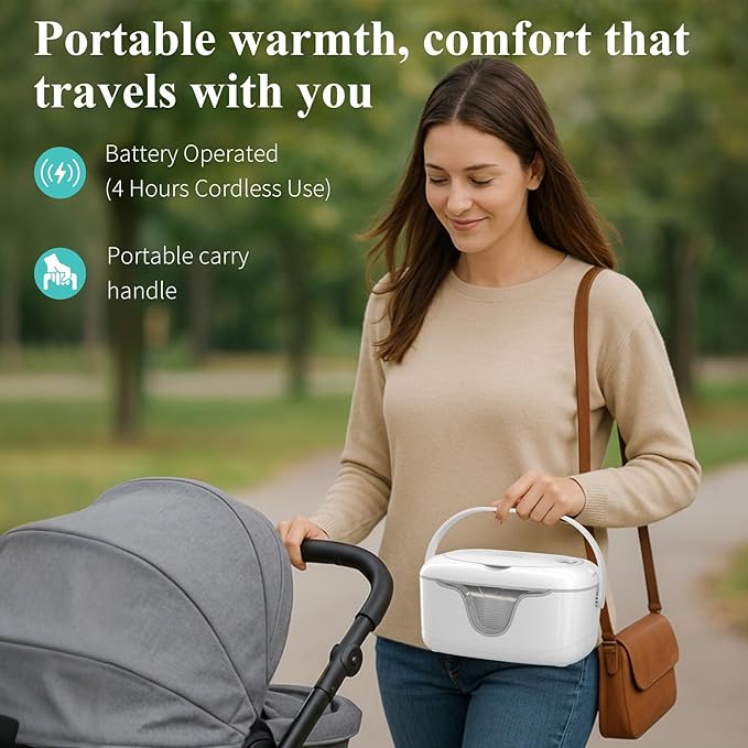 Portable Wipe Warmer and Wet Diaper Wipes Dispenser Cordless Battery Operated Travel Wetwipe Warmers Rechargeable with Nightlight Temperature Control