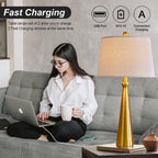 Oneach 25.75" 3-Way Dimmable Touch Control Modern USB Table Lamp Set of 2 for Living Room Bed Room Bedside Nightstand Lamps Fabric Shade Vintage Accent Light Gold Antique Brass