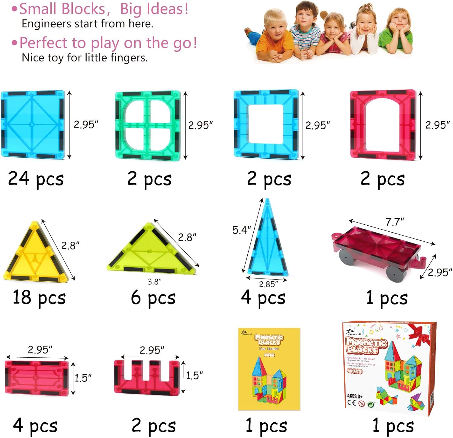 Jasonwell 65pcs Magnetic Tiles Building Blocks Set for Boys Girls Preschool Educational Magnet Construction Kit Stacking STEM Toys Christmas Birthday Gift for Kids Toddler 3 4 5 6 7 8 9 10 + Year Old