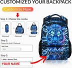 Boys School Backpack, Personalized Tiger Backpacks with Name for Kids Kindergarten Primary Senior Middle, 17 Inch Durable Personalized Cool Lightning Bookbag for School