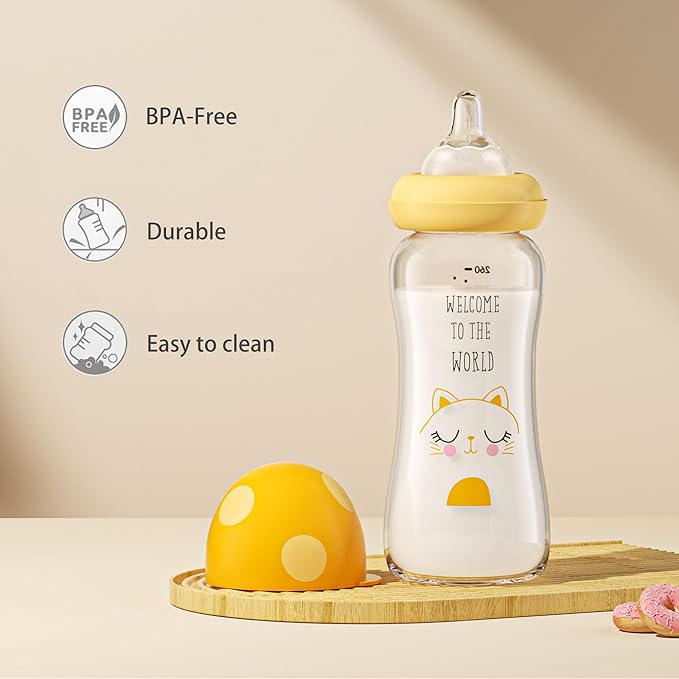 YOHKOH Natural Glass Baby Bottle with Natural Response Nipple, Newborn Anti-Colic Baby Bottles, Wide Neck Mushroom Cap Baby Bottle, Clear (8.8ounce (Pack of 2), Yellow1)