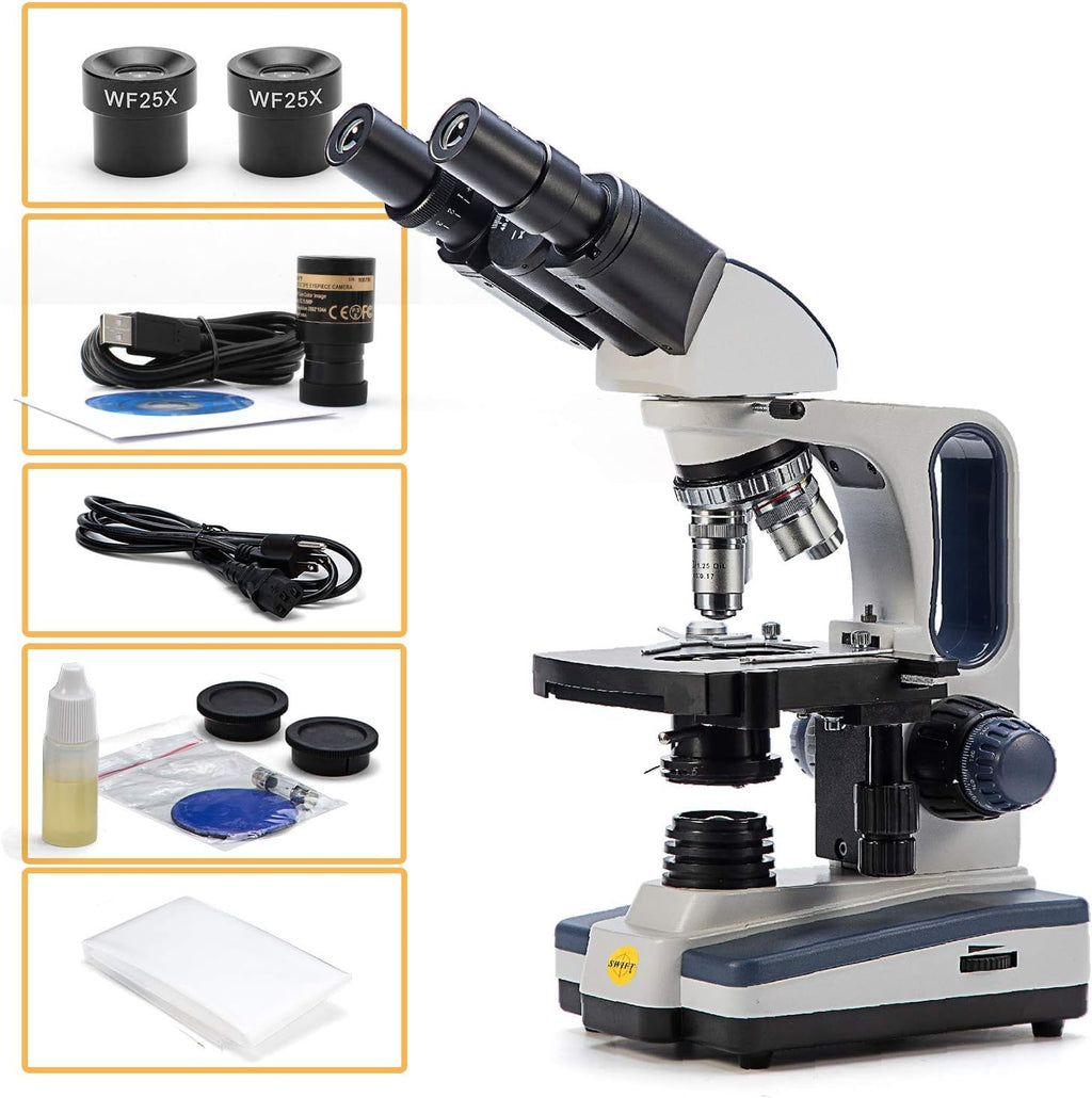 Swift Binocular Compound Microscope SW350B, 40X-2500X Magnification,Siedentopf Head,Research-Grade,Two-Layer Mechanical Stage,1.3mp Camera and Software Windows and Mac Compatible