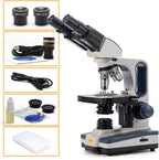 Swift Binocular Compound Microscope SW350B, 40X-2500X Magnification,Siedentopf Head,Research-Grade,Two-Layer Mechanical Stage,1.3mp Camera and Software Windows and Mac Compatible