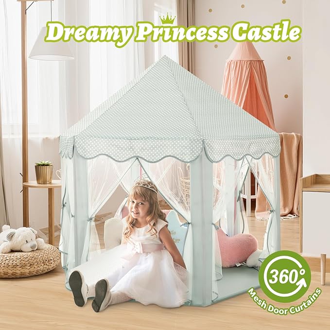 Monobeach Princess Tent Girls Celadon Large Playhouse Kids Castle Play Tent with Star Lights Gift Toy for Children Indoor and Outdoor Games, 55'' x 53'' (DxH)