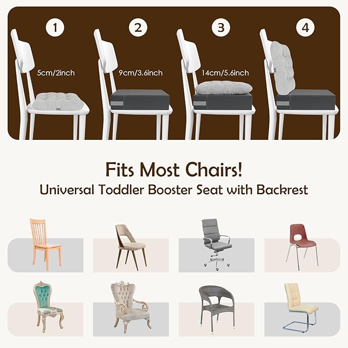 Booster Seat for Kitchen Chair with Comfy Backrest and Adjustable Safety Buckles,Non-Slip Kid Toddler Booster Seat for Dining Table,Portable PU Travel Baby Booster Increasing Cushion Chair