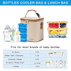 Breastmilk Cooler Bag with Ice Pack Fits 6 Baby Bottles Up to 9 Ounce, Baby Bottle Bag with Shoulder Strap for Nursing Mom Daycare, Cream