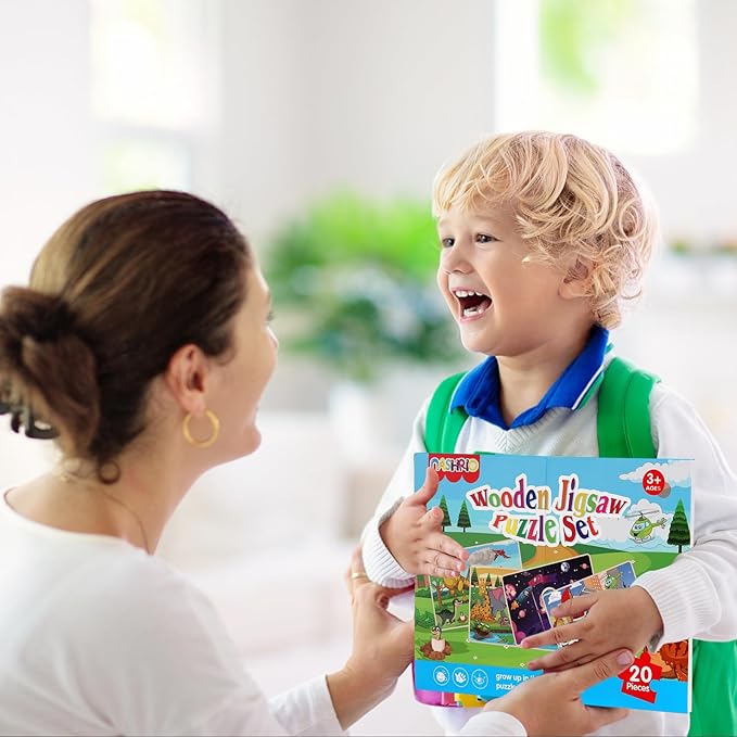 Wooden Puzzles Toys for Kids Ages 3-5, Set of 4 Packs Dinosaur, Space, Transportation Wood Toddler Puzzles, Preschool Brain Teaser Toys for Boys and Girls 2 3 4 5 6 Years Old