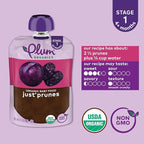 Plum Organics Just Prunes, 4+ Months - Organic Baby Food Pouches, 3.5 oz Pouch (Pack of 6)