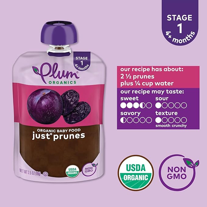 Plum Organics Just Prunes, 4+ Months - Organic Baby Food Pouches, 3.5 oz Pouch (Pack of 4)