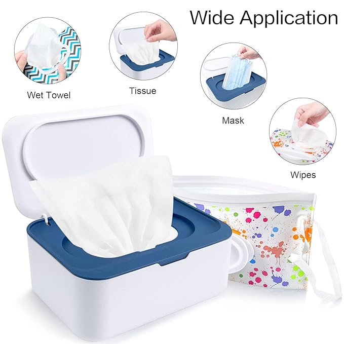 8Pcs Baby Wipes Dispenser, Reusable Baby Wipe Holder Box and Portable Wet Wipes Pouch, Refillable Wipes Pouch Case Container with Lid for Bathroom Baby Nursery Kitchen Office Travel (Blue+Orange)