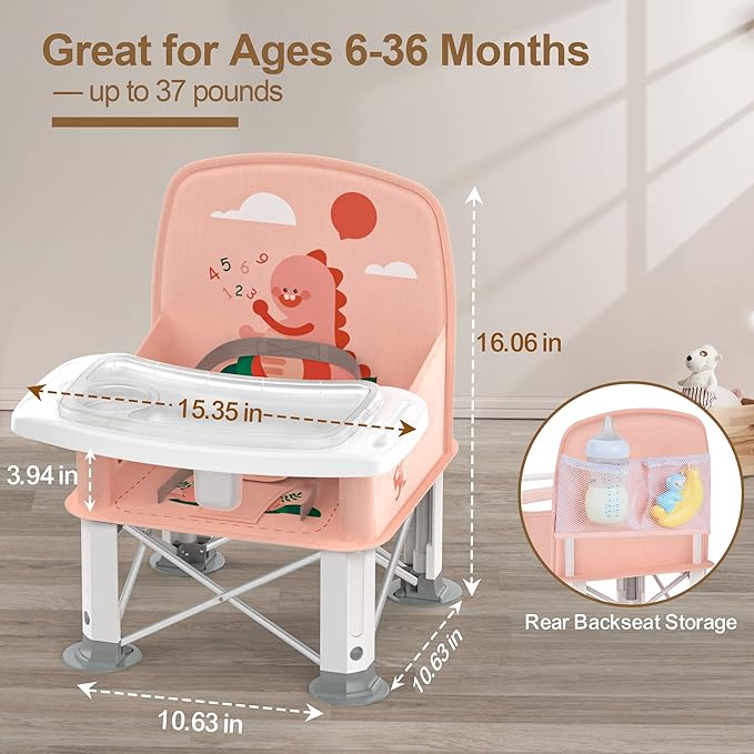 Baby Travel Booster Seat with Double Tray, BabyBond Upgraded Toddler Portable Baby Chair, Booster Seat for Dining Table, Stable and Foldable Booster Baby Chair for Indoor/Outdoor (Pink Dinosaur)