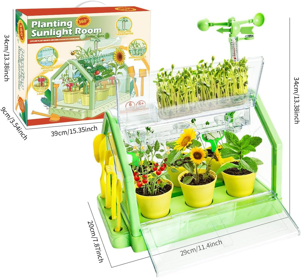 Kids Plant Growing Kit - Kids Greenhouse & Flower Growing Kit with Hydroponic Growing System, Thermometer,Wind Vane & Tools, Educational STEM Plant Growing Set
