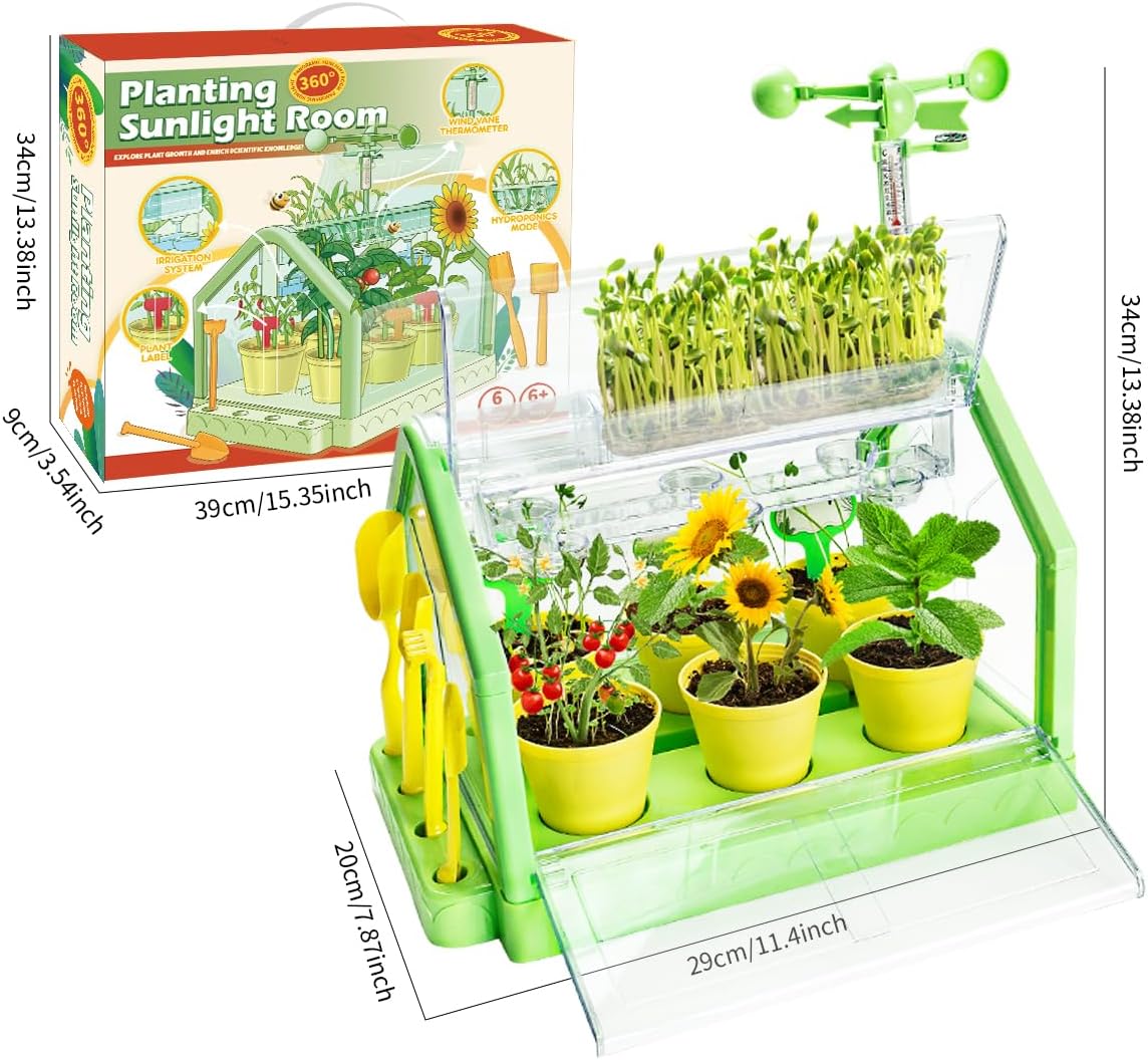 Kids Plant Growing Kit - Kids Greenhouse & Flower Growing Kit with Hydroponic Growing System, Thermometer,Wind Vane & Tools, Educational STEM Plant Growing Set