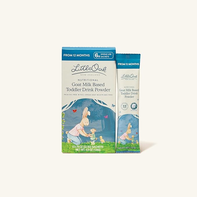 LittleOak Natural Goat Milk, Toddler Drink, 12 Months+, 6 x 0.79oz Sachets