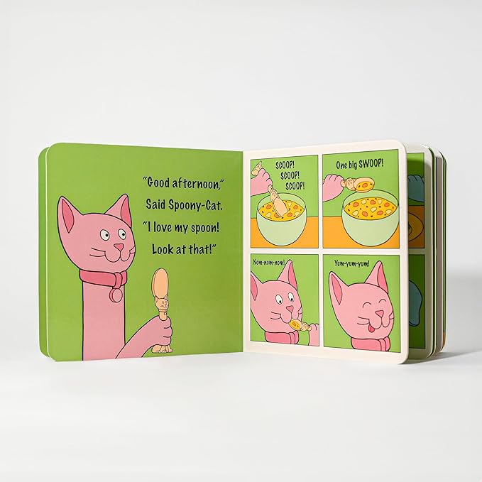 Made in USA Spoon la la Toddler Utensils Set (2 Pack) & Board Book - Spoon & Fork for Kids, Self-Standing 3D Ergonomic Cat & Dog Handles, BPA-free, Dishwasher Safe Baby Silverware (Blue)